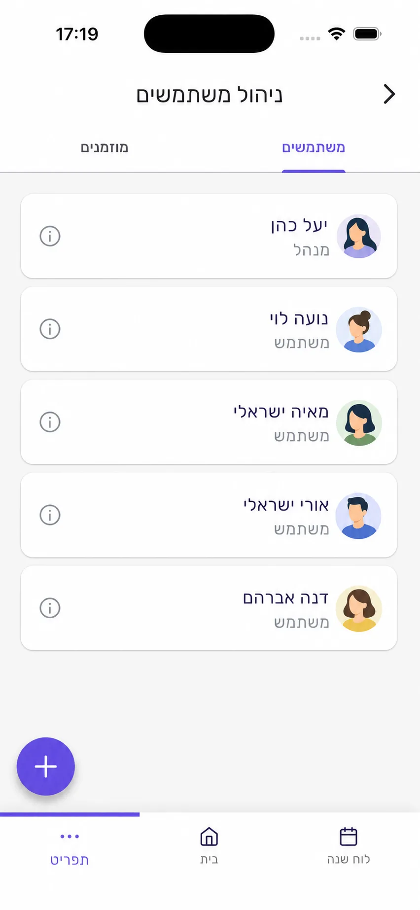 מסך ניהול משתמשים באפליקציית סשן עם לשוניות משתמשים ומוזמנים, תפקידים וכפתור הזמנה